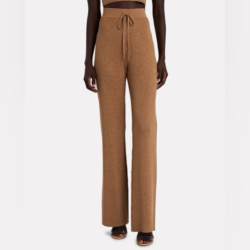 ALC Quentin Pull-On Ribbed Knit Wide-Leg Pant Brown‎ Gold Metallic Medium